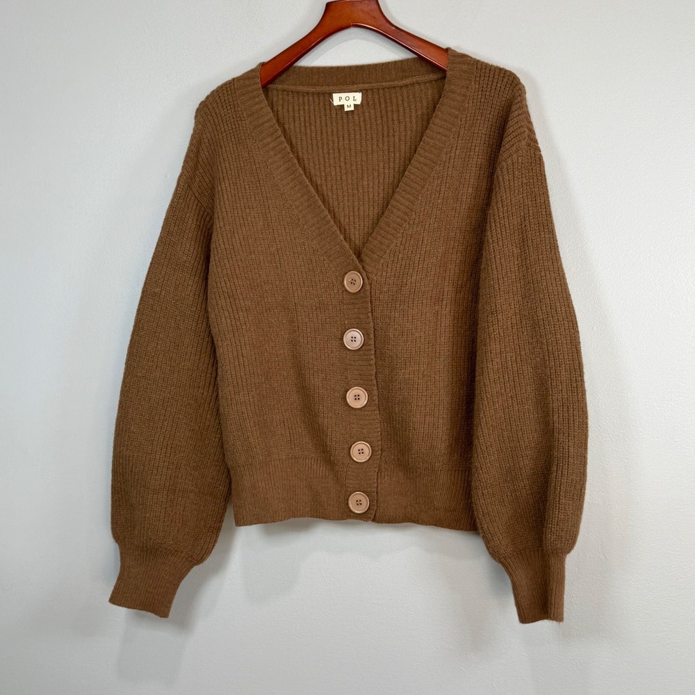 POL Brown Ribbed V-Neck Button Front Balloon Sleeve Cardigan Sweater‎ neutral